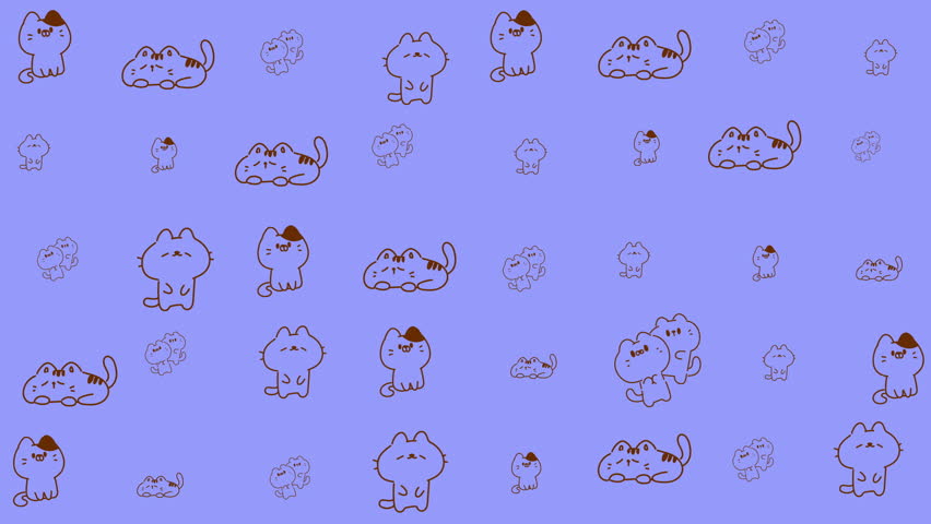 Many cartoon cats in various poses on a purple background. Suitable for childrens books, petrelated designs, and catthemed products.
