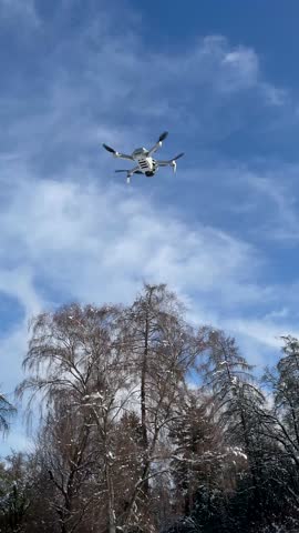 Drone Flying Above Trees in Snowy Location on a Clear Day
