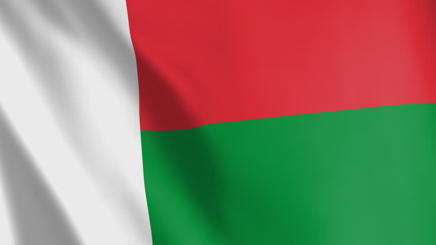 Flag of Madagascar animated background. Symbol of the Malagasy nation and the culture. Waving flag in the wind footage. State ensign of the island country.