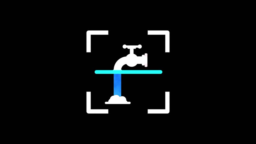 A white water faucet icon positioned over a blue horizontal scanning line to represent plumbing systems or the management of water resources within a smart home or industrial application system
