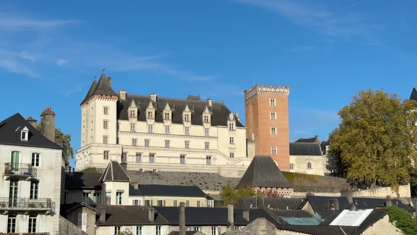 Panoramic View of Pau City With Chateau de Pau In France. - pan shot