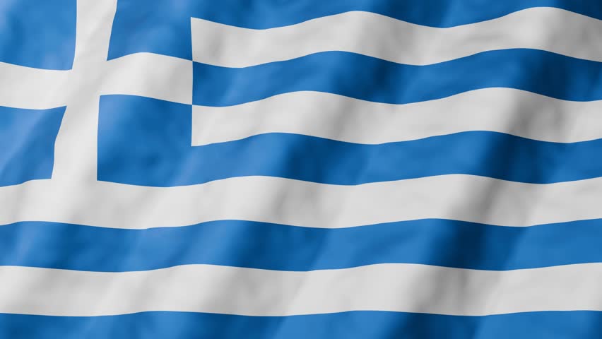 3D animation of the Greek national flag waving smoothly in a seamless loop. Blue and white stripes with cross symbol, Greece background, national holidays, anthem, patriotic and historical