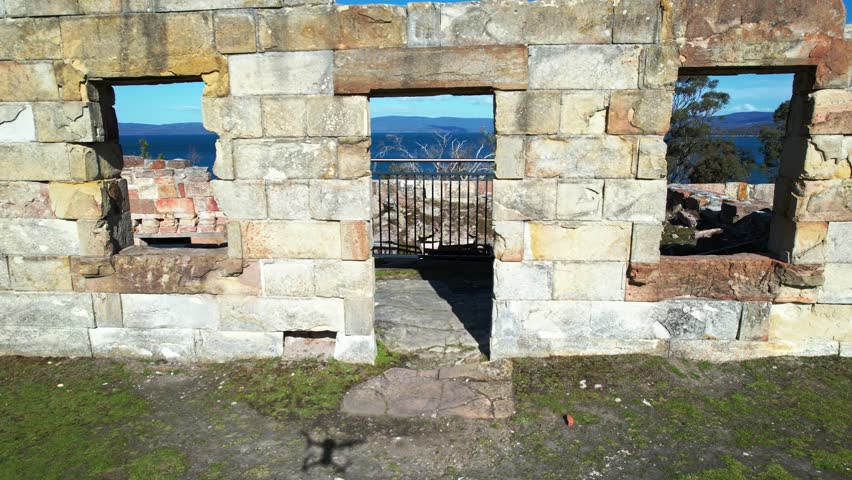 Ruins of the Coal Mines Historic Site on the Tasman Peninsula in Tasmania, Australia - pull back shot