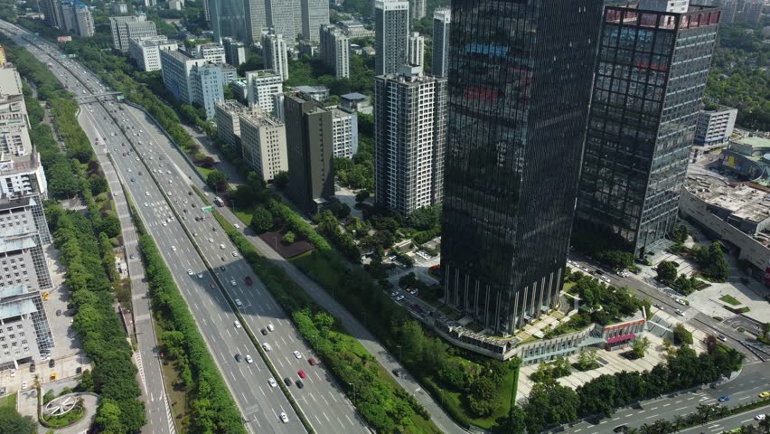 Aerial view of the Central Business District (CBD) and modern skyscraper skyline. Urban architecture and high-rise office buildings in Chongqing, China.