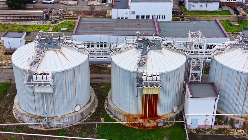 Two large storage tanks stand at an industrial location with surrounding buildings and a clear sky above. The setting shows signs of use and age.