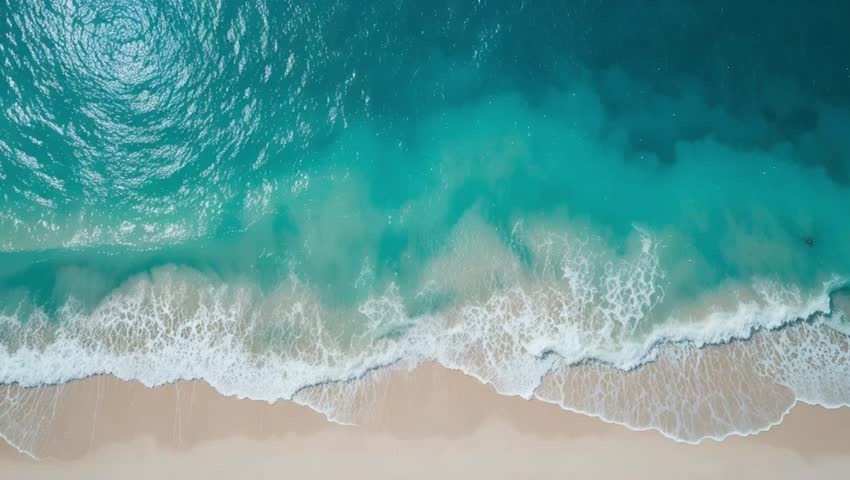 Aerial Top Down View Of Turquoise Ocean Waves Rolling Onto Sandy Beach Creating Clean Tropical Cinematic Luxury Nature Background