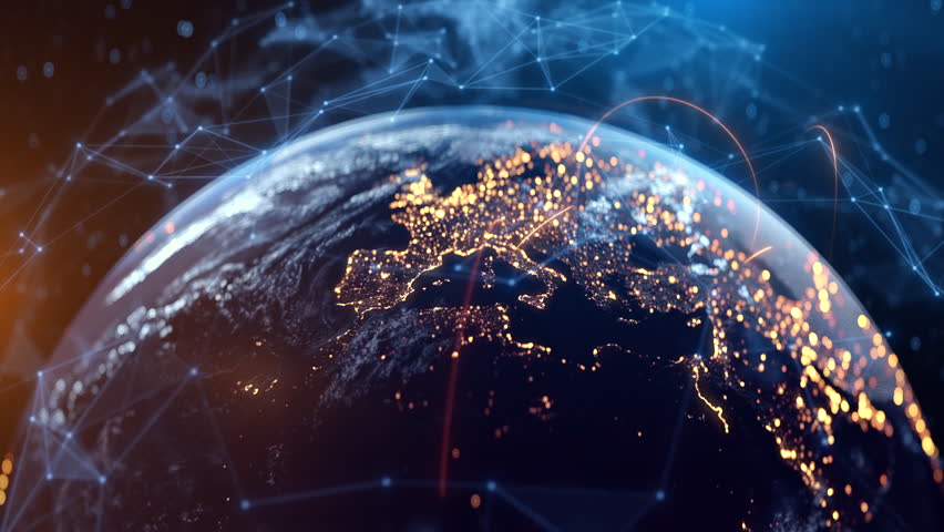 Global Connection Lines. Network Data Transfer Over Earth. Futuristic AI Technology, 5G, Satellite Communication, Internet Connectivity, Big Data, Digital World Background Animation. Crypto Exchange
