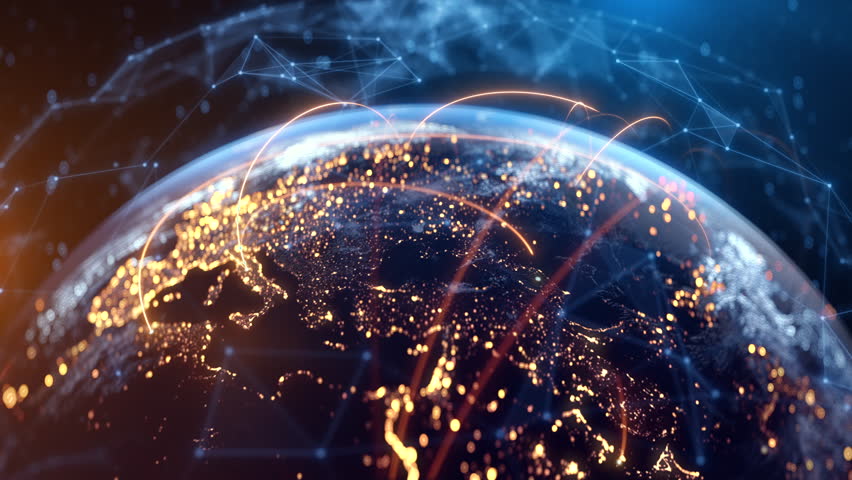 Global Connection Lines. Network Data Transfer Over Earth. Futuristic AI Technology, 5G, Satellite Communication, Internet Connectivity, Big Data, Digital World Background Animation. Crypto Exchange