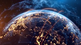 Global Connection Lines. Network Data Transfer Over Earth. Futuristic AI Technology, 5G, Satellite Communication, Internet Connectivity, Big Data, Digital World Background Animation. Crypto Exchange - Powered by Shutterstock - Get 15% off with code: PIKWIZARD15