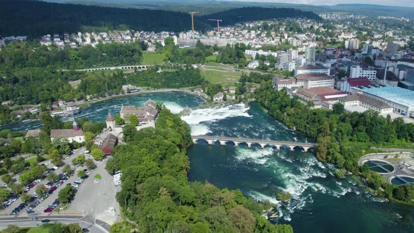 Aerial view of the RheinfFall, waterfall in Switzerland on a sunny day in summer
