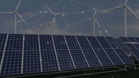 Animation of network of connections over solar panels and wind turbines. global connections, energy and renewable resources digitally generated video. - Powered by Shutterstock - Get 15% off with code: PIKWIZARD15