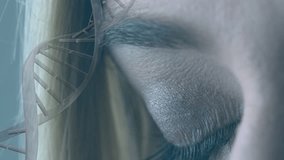 Animation of data processing and dna strand over eye of caucasian woman. global technology, connections and digital interface concept digitally generated video. - Powered by Shutterstock - Get 15% off with code: PIKWIZARD15