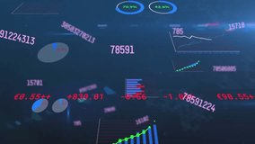 Animation of statistics and financial data processing on blue background. Global entertainment finances business digital interface technology and networking concept digitally generated video. - Powered by Shutterstock - Get 15% off with code: PIKWIZARD15