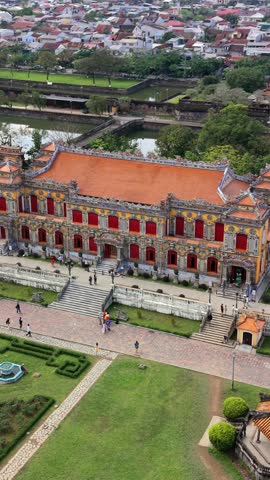 Aerial view of the main palace inside the Imperial City of Hue, Vietnam, showcasing historic architecture, symmetry, gardens, and cultural heritage of central Vietnam.
