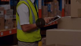 Animation of network of connections with icons over caucasian male worker in warehouse. Global shipping, delivery and connections concept digitally generated video. - Powered by Shutterstock - Get 15% off with code: PIKWIZARD15