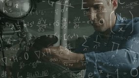 Animation of mathematical equations over caucasian male mechanic in workshop. Global business and digital interface concept digitally generated video. - Powered by Shutterstock - Get 15% off with code: PIKWIZARD15