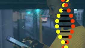 Animation of dna, globe and data processing over girl using smartphone. Global science, connections and data processing concept digitally generated video. - Powered by Shutterstock - Get 15% off with code: PIKWIZARD15