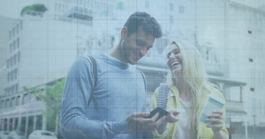 Animation of data processing over caucasian couple using smarphone. Global business, computing, digital interface and data processing concept digitally generated video.