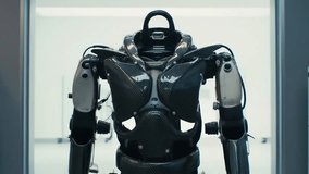 Futuristic Robotic Exoskeleton Suit Walking in Laboratory - Carbon Fiber and Chrome Details - 4K - Powered by Shutterstock - Get 15% off with code: PIKWIZARD15