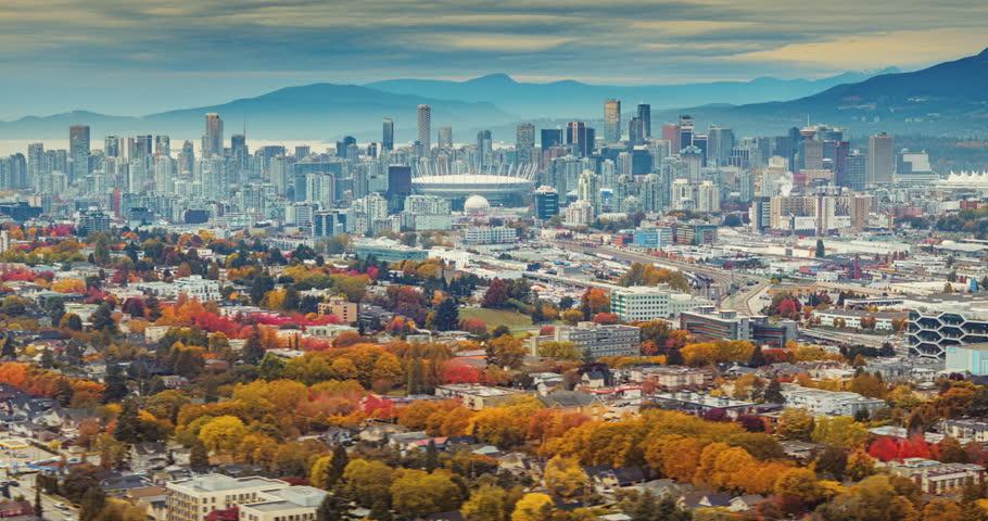 Aerial hyperlapse over the scenic Vancouver cityscape of Vancouver British Columbia Canada