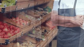 Animation of data processing over caucasian male shop assistant. Shopping, retail and digital interface concept digitally generated video. - Powered by Shutterstock - Get 15% off with code: PIKWIZARD15