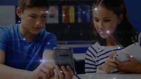 Animation of network over caucasian boy and girl using tablet and smartphone at school. Network, data, connection, education, learning and communication, digitally generated video. - Powered by Shutterstock - Get 15% off with code: PIKWIZARD15