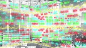 Animation of financial and business data processing over cityscape. Global finances, business, connections and data processing concept digitally generated video. - Powered by Shutterstock - Get 15% off with code: PIKWIZARD15