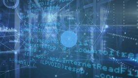 Animation of connected icons, graphs, lens flares and programming language against server room. Digital composite, multiple exposure, communication, coding, report, technology and network server. - Powered by Shutterstock - Get 15% off with code: PIKWIZARD15