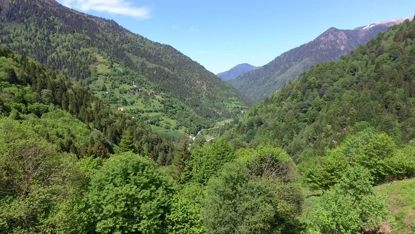 Aerial view of forested Firtina Valley with village houses and winding river in Rize. Mountain stream flows through lush Black Sea woodland and green highland slopes in Turkey.