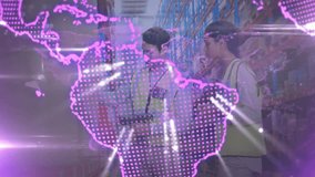 Purple globe overlay collapsing in warehouse, revealing staff scanning boxes and updating inventory. Technology, logistics, inventory, supply chain, automation, digital, industrial - Powered by Shutterstock - Get 15% off with code: PIKWIZARD15