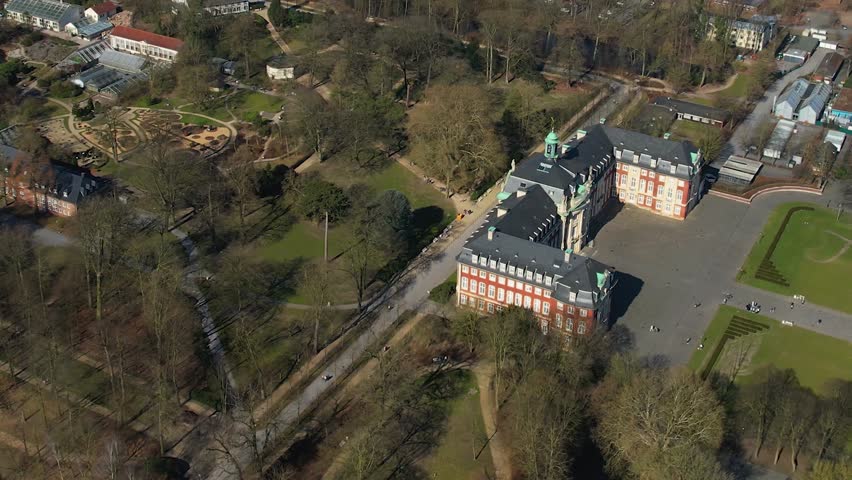 Aerial view around the old town of the city Münster on a sunny autumn afternoon in Germany.