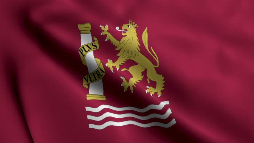 Waving Flag of Badajoz City in Spain Purple and Yellow Design with Official Coat of Arms Fluttering in the Wind, Detailed 4K Footage for Cultural, Historical, Travel and Documentary Projects
