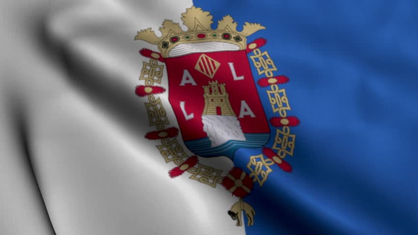 Waving Flag of Alicante City in Spain Blue and White Design with Official Coat of Arms Fluttering in the Wind, Detailed 4K Footage for Cultural, Historical, Travel and Documentary Projects