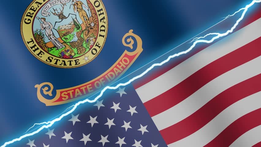Two waving flags Idaho and United States with diagonal lightning seamless, 4k loop