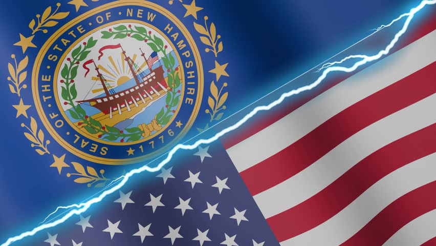 Two waving flags New Hampshire and United States with diagonal lightning seamless, 4k loop