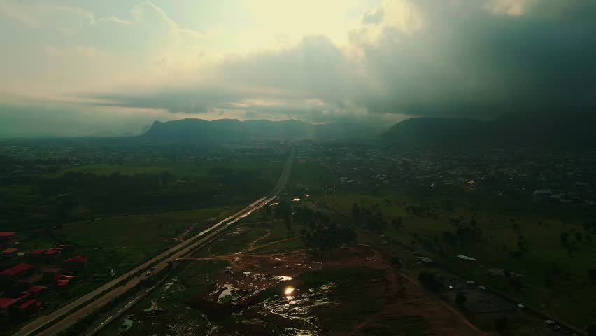Aerial View of Scenic Landscape at Dusk.