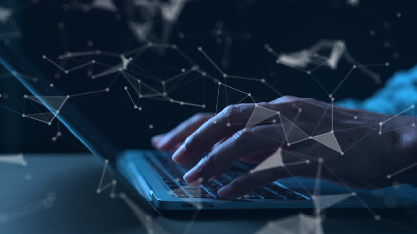 Futuristic digital document management concept showing a hand working on a laptop with virtual electronic files and checklists. Ideal for illustrating modern data processing, paperless workflow,