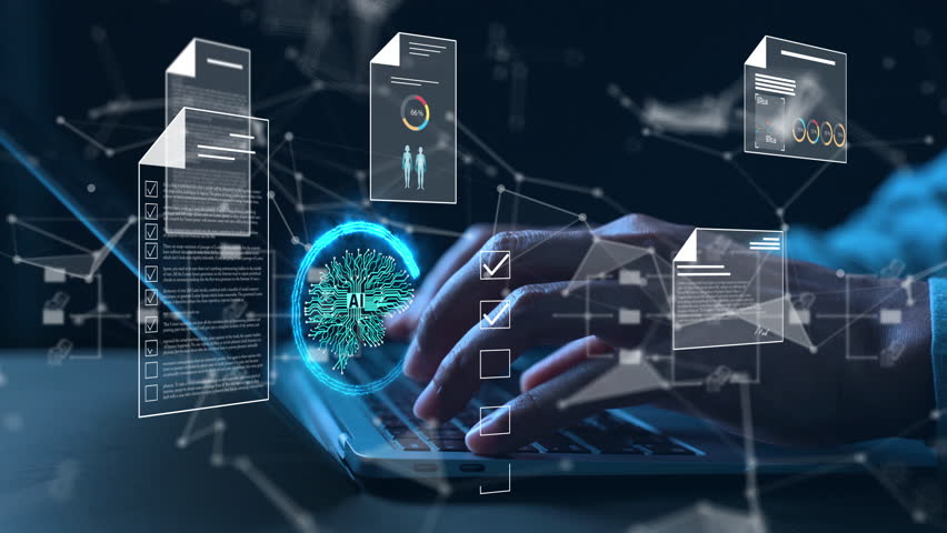 Futuristic digital document management concept showing a hand working on a laptop with virtual electronic files and checklists. Ideal for illustrating modern data processing, paperless workflow,