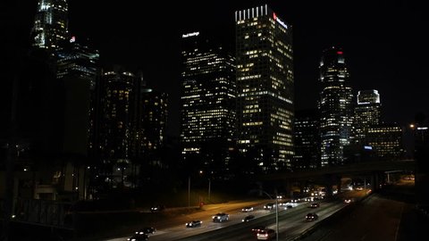 Downtown Los Angeles by Night, Rush Hour on Freeway USA, LA Commuters, California