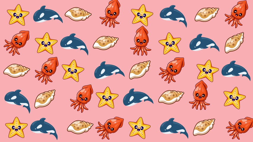 Cute sea creature cartoons on a pink background ideal for childrens educational materials. Educational books, kids posters, oceanthemed websites, childrens mobile apps, nursery decor.
