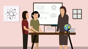 Animated classroom scene showing students learning physics concepts in a laboratory with teacher guidance and educational visuals. - Powered by Shutterstock - Get 15% off with code: PIKWIZARD15