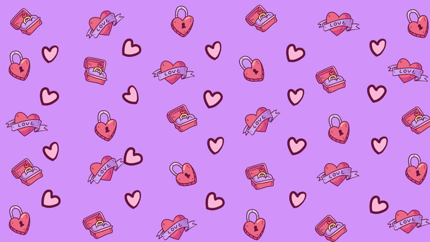 Purple background with hearts, locks, rings, and heart tattoos. Great for valentines day, romance, love, and weddingthemed designs.
