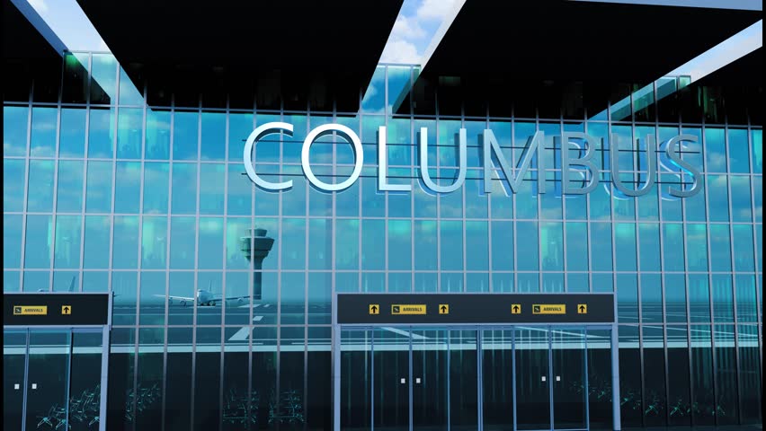 Airlane landing at Columbus. Arrival in the city with reflection of airport and aircraft