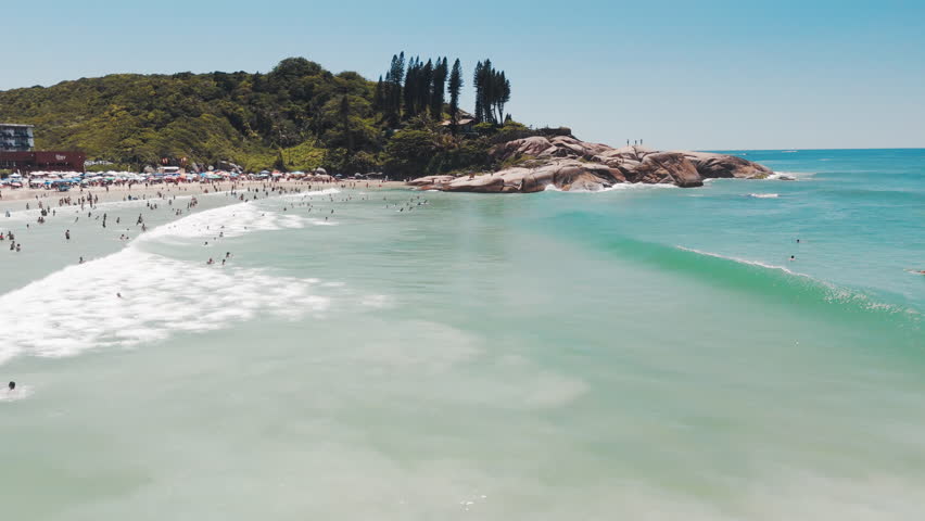 Joaquina beach aerial. Aerial view of the crowded Joaquina beach on the island of Santa Catarina, Florianopolis, Brazil