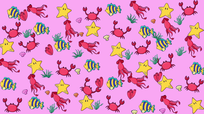 Pink background with sea life illustrations like starfish, crabs, and fish. Perfect for oceanthemed designs, posters, and educational materials.
