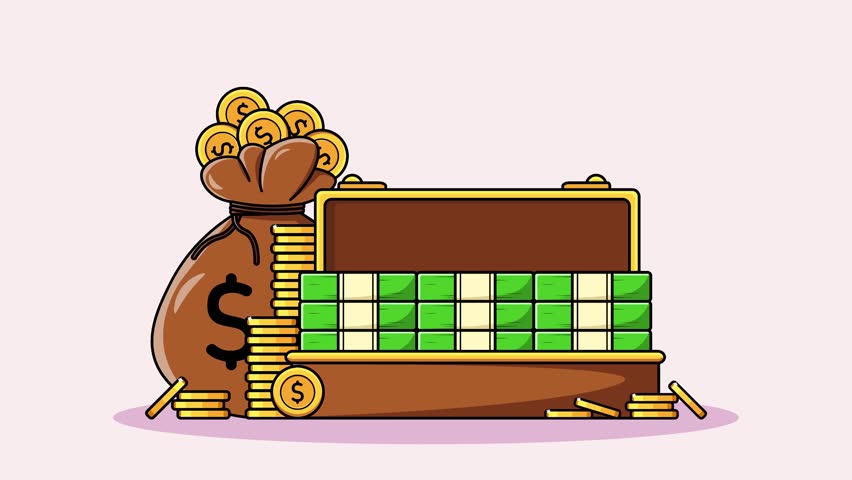 Animation of storing dollar bills in a suitcase with lots of stacks of money and stacks of coins, this animation is suitable for business and finance