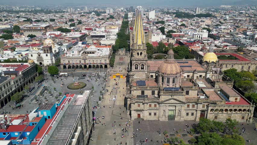 Guadalajara, Mexico - November 8 2025: Aerial drone view of Guadalajara Cathedral and Plaza Tapatia undergoing renovation, historic city center, urban landscape