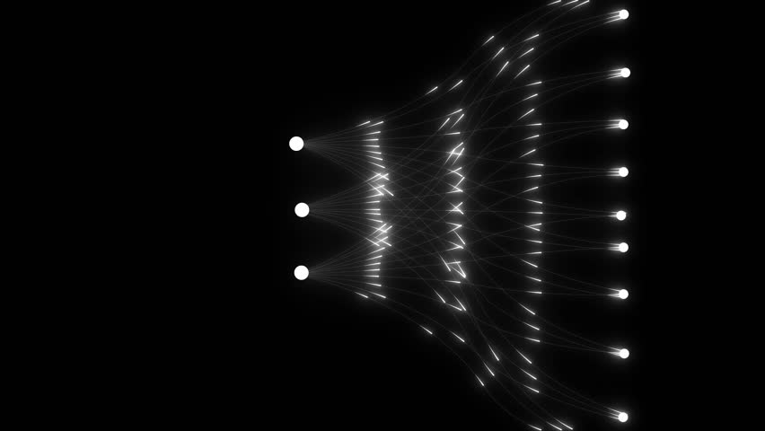 Abstract visualization of a neural network with glowing white nodes and interconnected lines on a dark background.