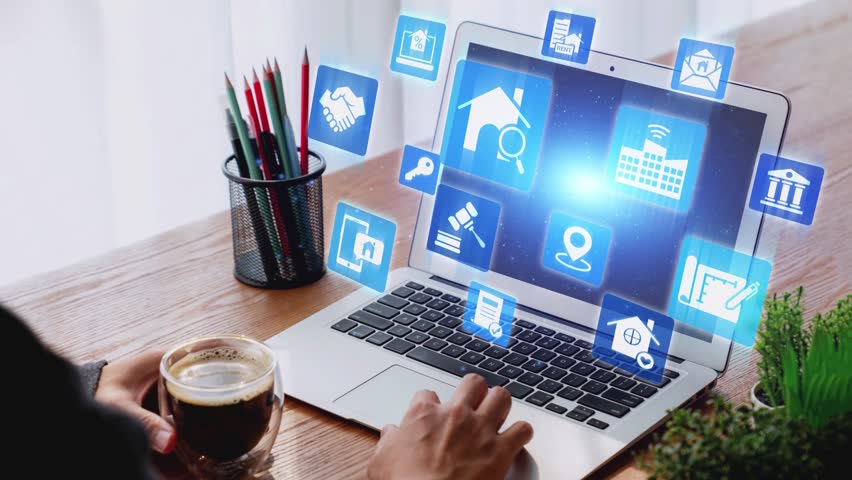 Online property search icons showing real estate rent, sale, housing, location, property management, key, contract, mortgage, home loan, and housing market. Gist