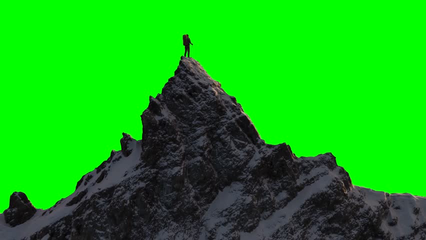 3D Render of a Man Standing Victorious on a Snowy Mountain Peak Against Green Screen